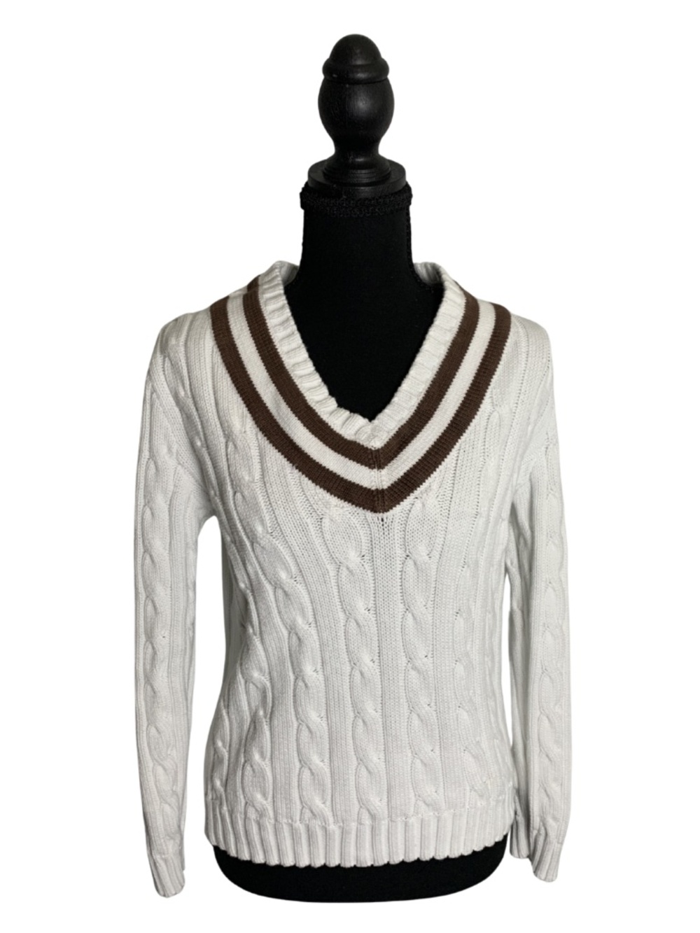 Lauren Ralph Lauren Cream Cable-Knit V-Neck Sweater Brown Stripe Women M Preppy